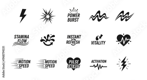 Energy and performance icons representing power stamina and vitality with visuals for lightning bolt pulse and motion speed concepts