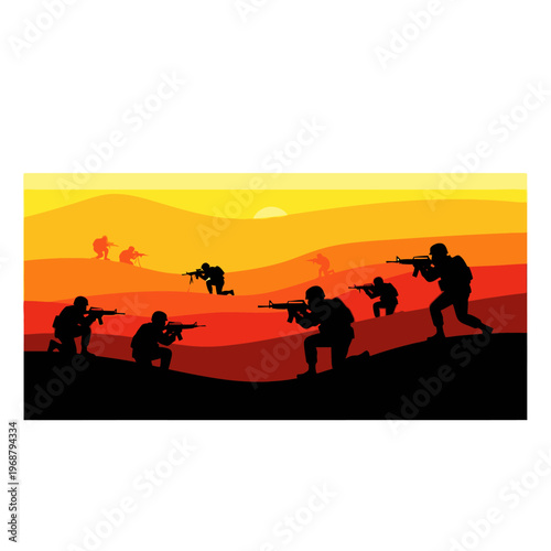 Silhouette Soldiers in Desert Warfare at Sunset