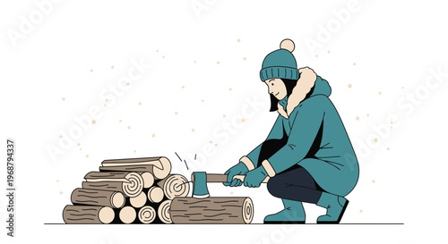 Winter Scene Of A Person Chopping Firewood With An Ax And Stacked Logs
