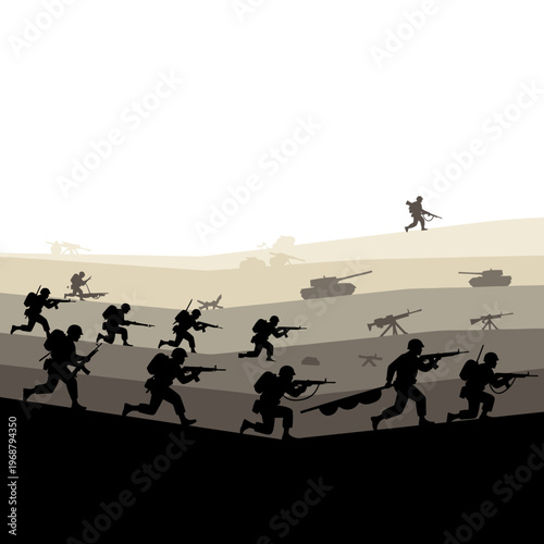Silhouette Soldiers Running in Battle with Tanks and Airplanes