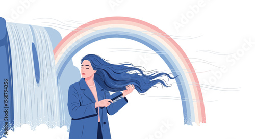 Woman Brushing Long Flowing Hair Against Waterfall and Rainbow