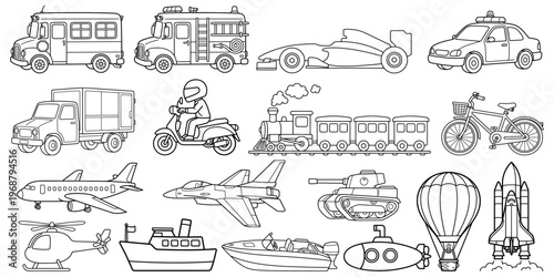 Kids coloring page transport vehicles outline illustration set