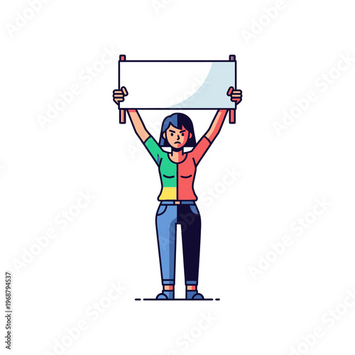 Woman holding blank protest sign, diverse colors, empowered activist illustration