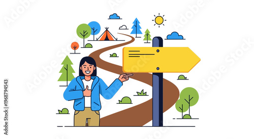 Woman Cheerful With Thumbs Up Next To Yellow Directional Sign In Nature Setting