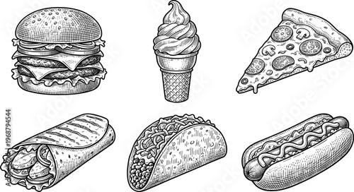 Fast Food Items Vector Set. Fast food vector set including burger taco hotdog pizza and ice cream isolated colorful food illustration collection