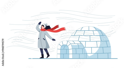 Winter Traveler Battling Strong Winds Near Igloo Dwelling