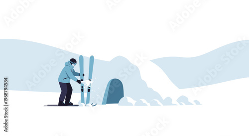 Winter Sports Enthusiast Preparing Skis At Snow Igloo Destination