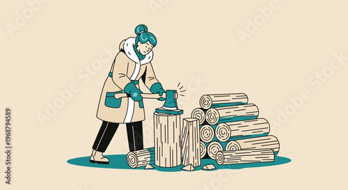 Woman Chopping Firewood For Winter Preparation And Outdoor Activities