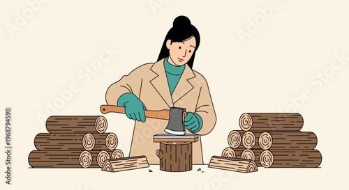 Woman Chopping Firewood With Axe Preparing For Winter Season