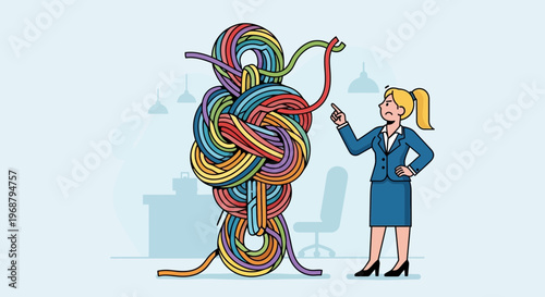 Woman Confronts Tangled Complexity Conceptual Metaphor Of Business Challenges