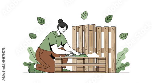 Woman Composting Organic Waste Using Wooden Pallets For Sustainable Living