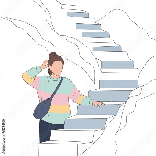 Woman Embarking On A Winding Staircase Journey Toward An Ascending Path