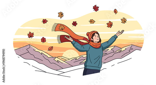 Woman Embracing Autumn Season Amidst Falling Leaves and Mountain Scenery