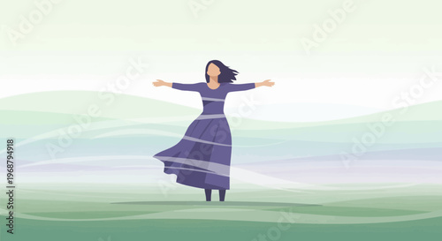 Woman Embracing Freedom And Nature In A Stylized Landscape