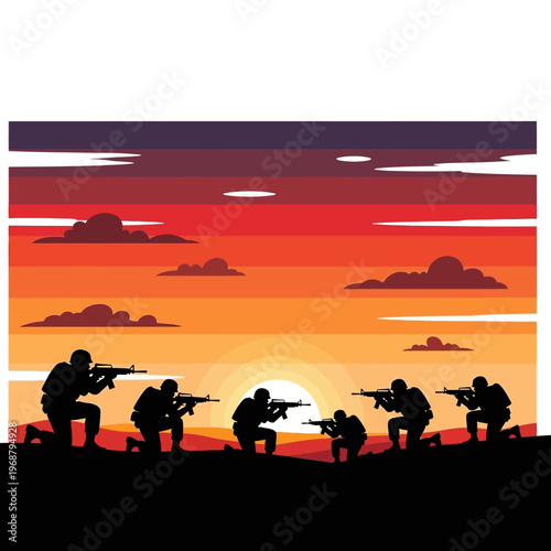 Soldiers Silhouetted Against Dramatic Sunset Sky