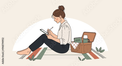 Woman Engaged in Digital Creation During Outdoor Leisure
