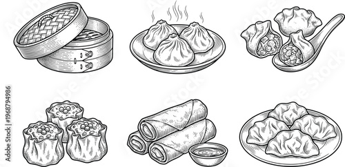 Dumplings and Asian Food Sketch Vector Set. Hand drawn dumplings asian food vector set including dim sum rolls and traditional cuisine isolated detailed sketch illustration