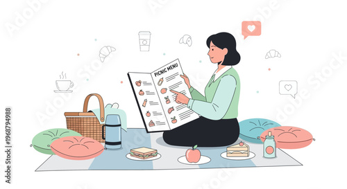 Woman Enjoying A Picnic And Browsing Through A Delicious Menu Selection
