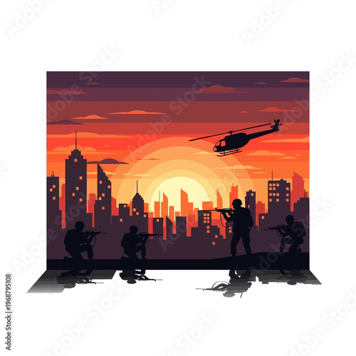 Urban Warfare: Soldiers and Helicopter Silhouette at Sunset Cityscape