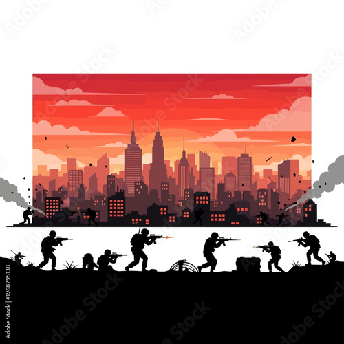 Urban Warfare Silhouette: Soldiers Battle in Cityscape Under Fiery Sunset