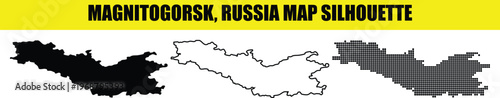 Magnitogorsk russia map silhouette set including solid black outline and dotted pattern styles for web graphics.