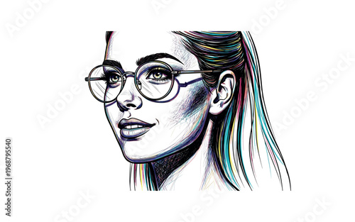 Fashionable woman with round glasses and colorful hair, artistic sketch style