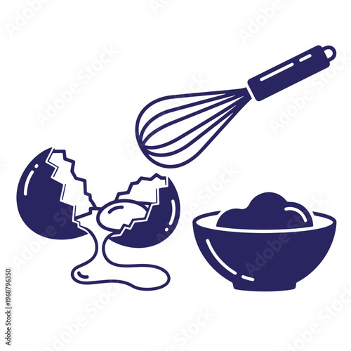 Dark blue flat of a wire whisk a cracked egg with yolk dripping out and a small mixing bowl for baking and cooking preparation concepts
