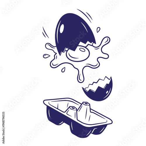 Dark blue line of a cracked egg with a runny yolk splashing above an empty plastic egg carton isolated on a white background