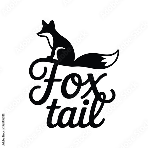 Black silhouette of a sitting fox with cursive fox tail text cursive text