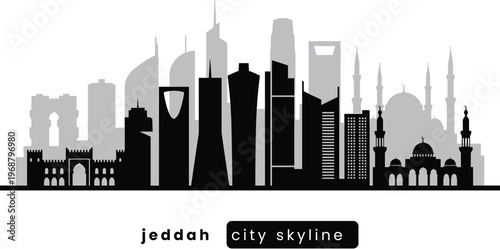 Jeddah Skyline Silhouette. Modern Saudi city skyline line art, skyscrapers, futuristic metropolis. 