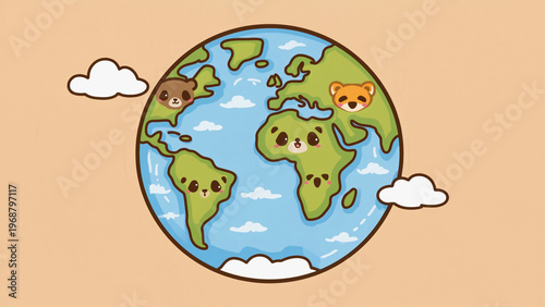 Cute Earth with Animal Faces in the Continents – Friendly Planet Theme. Ai generated.
