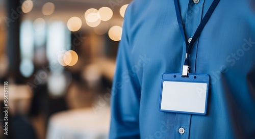 Close-up of a person wearing a blue shirt and a blank name tag