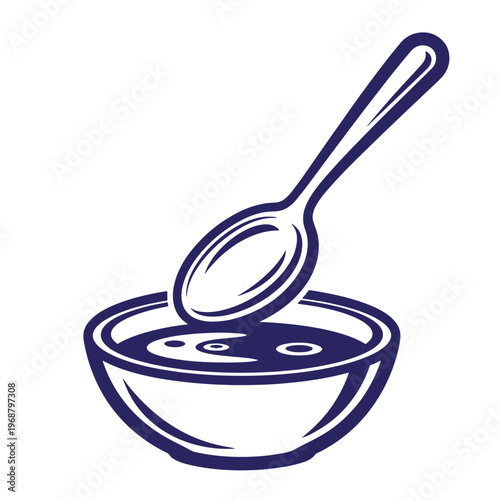 Dark blue of a soup bowl with a spoon dipped inside showing a simple outline style on a white background
