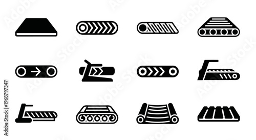 Industrial construction icons, heavy machinery symbols, black and white vector graphics, 12 industrial equipment signs