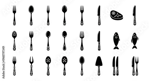 Black cutlery icons, kitchen utensil set, 25 silverware illustrations, dining tools vector