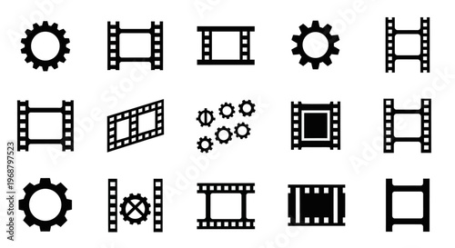 Film strip, movie, icon set, 16 black vector graphics, cinema, film reel, gear, editing, production elements