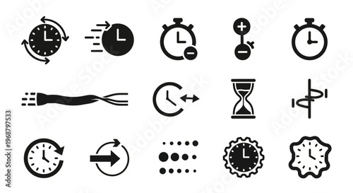 Time, clock, and hour icons set, 16 black vector graphics, time management symbols, timer, schedule illustrations