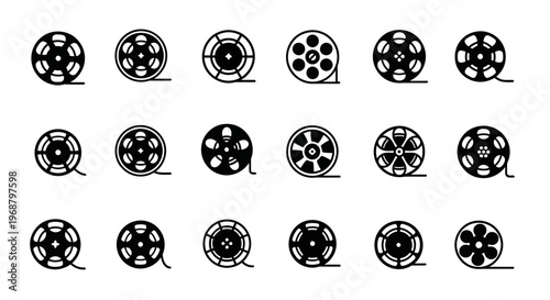 Film Reel Icons, Black and White, Vector Movie Camera Symbols, 16 Cinema Filmstrip Illustrations