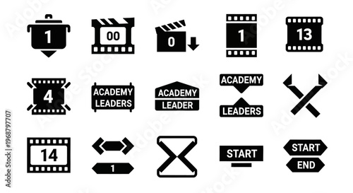Film, movie, and video production icons, 14 black and white symbols, filmstrip, editing tools