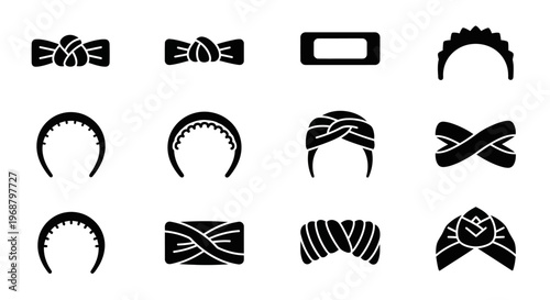 Black hair bow, hairtie, hair accessories, vector icons, 12 elements
