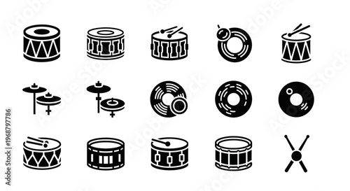 Drum icons, drum set illustrations, black and white, vector graphics, music symbols