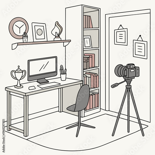 A home office setup with a desk and camera