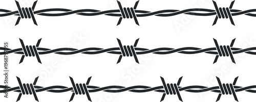 Barbed Wire Border Set. Barbed wire border set with twisted metal fence security line and protection design elements in vector style