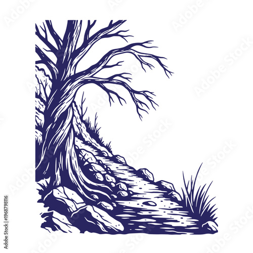Dark blue ink of a gnarled leafless tree standing on a rocky hillside path with patches of grass and stones isolated on a white background