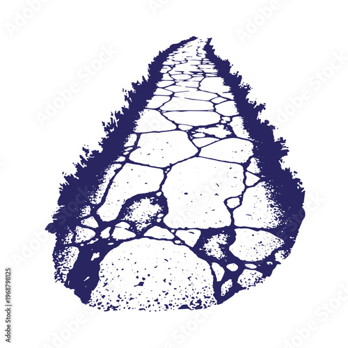Dark blue ink of a cracked stone pathway receding into the distance with rough grassy edges isolated on a white background