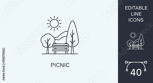 Picnic Scene Editable Line Icon with Bench, Trees, and Sun on White Background