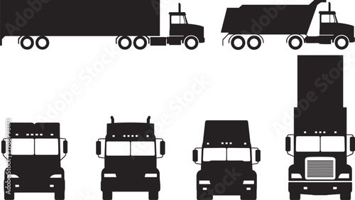 Collection of black silhouette semi-trucks and dump trucks viewed from side and front angles on a white background