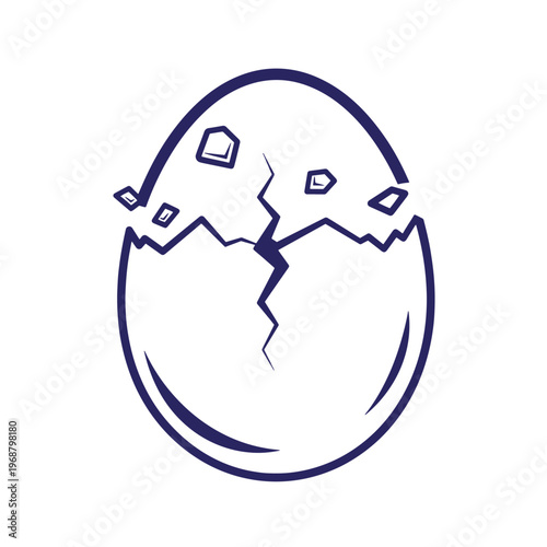 Dark blue outline of a cracked eggshell with small floating fragments isolated on a white background representing hatching or breakage