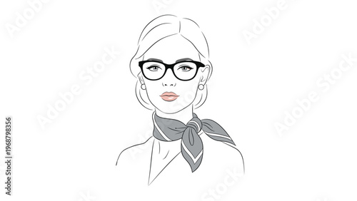Hand drawn fashion illustration of a stylish young woman wearing elegant glasses and a chic patterned neck scarf for beauty concepts.