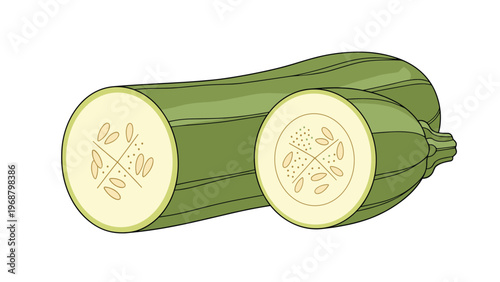 Detailed illustration of a fresh green zucchini sliced in half showing the inside seeds for healthy cooking and nutritional themes.